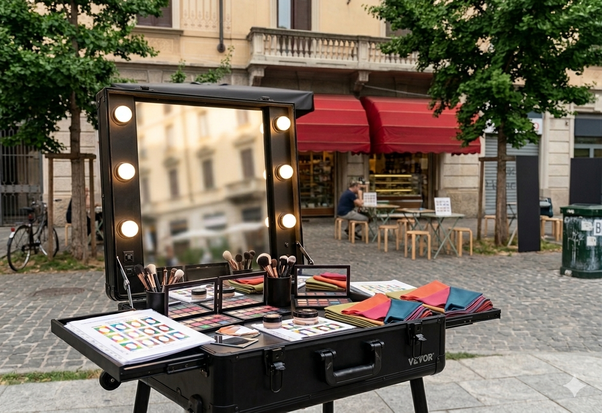 Location evento Fuorisalone Milano con postazione trucco e armocromia.